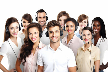 Obraz premium Group of call center workers who happy smiling business operator customer support team phone services. Generative AI.