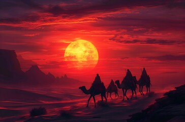 Ramadan background man riding a camel in the desert with sunset view. Eid Mubarak, happy fasting, eid al fitr