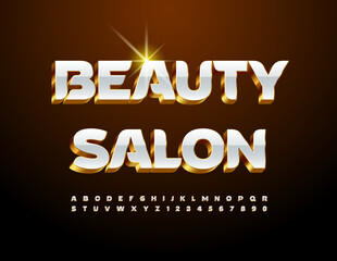 Vector stylish advertisement Beauty Salon. Cool 3D White and Gold Font, Chic Alphabet Letters and Numbers set.