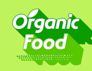 Vector healthy badge Organic Food with decorative Leaf. White Font with Green Shadow. Unquie Alphabet Letters and Numbers set.