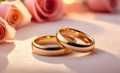 Two small golden rings on the side, set against a romantic background, warm hues, scattered rose petals. Generative AI