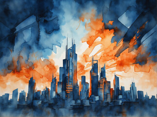 watercolor illustration of an abstract urban city skyline, dark blue and orange cityscape painting, skyscraper scene with smog. buildings. Digital art 3D 