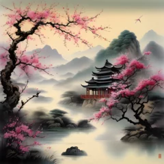 Fototapeten Japanese Dream: A Pagoda in a Sea of Cherry Blossoms © Deepak