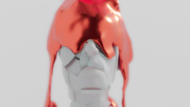  A red liquid metal flows slowly on the broken sculptured head made of white stone