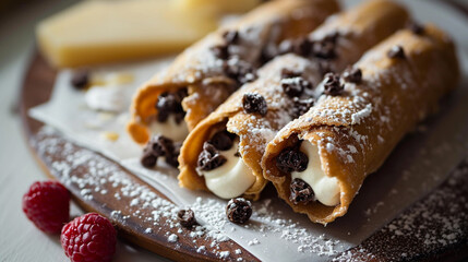 Crispy cannoli shells, filled with creamy ricotta, adorned with pistachios. A sweet Sicilian delight, each bite combines a satisfying crunch with a luscious, indulgent center. - obrazy, fototapety, plakaty