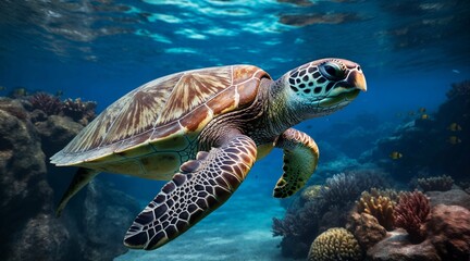 Obraz na płótnie Canvas Sea Turtle underwater in an ocean scene backdrop