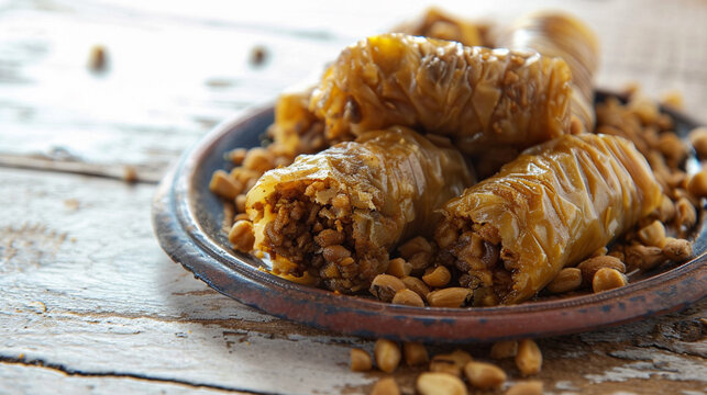 Borma, delicate golden cylinders filled with crushed nuts, wrapped in flaky pastry. Sweetened with syrup, each bite offers a crunchy and nutty delight, a Middle Eastern treat to savor.