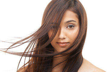 Hair care, woman and portrait or confident in studio with keratin treatment, soft texture and...