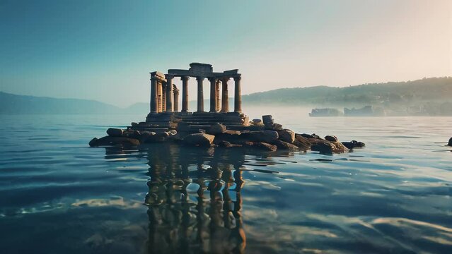 Ancient European Temples Amidst Ruins and Clear Skies by the Water