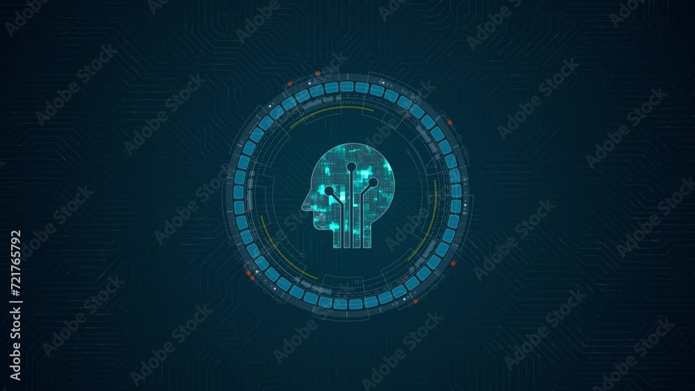 Poster motion graphic of blue digital robot head logo and circle futuristic hud elements with ai chatbot an