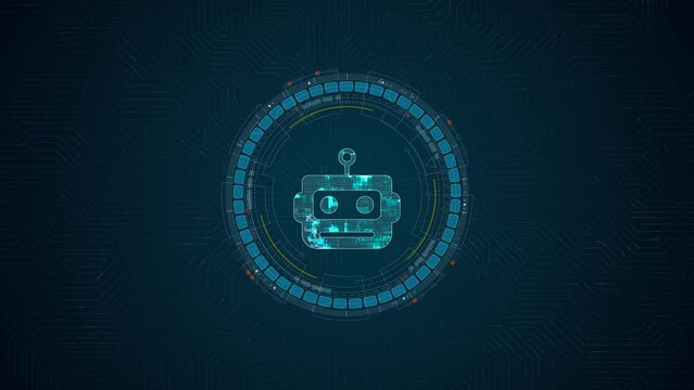 Motion graphic of Blue digital robot head logo and circle futuristic HUD elements with Ai chatbot and machine learning technology and ai assistance concepts on circuit board abstract background