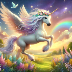 Obraz na płótnie Canvas A cartoon art of magical unicorn prancing through a field
