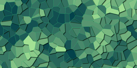 Abstract Green color Broken Stained Glass Background with White lines. Voronoi diagram background. Seamless pattern with 3d shapes vector Vintage Illustration background.Geometric Retro tiles pattern	