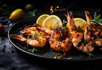 Professional food photography: grilled seafood shrimp with lemon and spices, blank space