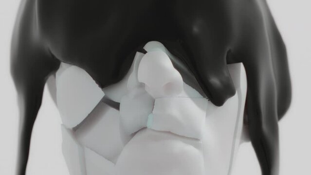  A black liquid metal flows slowly on the crushed sculptured head made of white stone