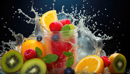 Splashing healthy fresh berries, kiwis and oranges smoothie with assorted ingredients served in glass bottle with fruits decoration on dark background. Generative AI.	
