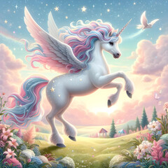 A cartoon art of magical unicorn prancing through a field