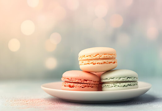 Professional food photography: Colorful French macarrons on light background, blank space.