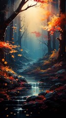 autumn light wallpaper, in the style of colorful fantasy realism,poured, scattered composition, beautiful, nature scenes