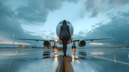 bussiness woman walking to board an airplane for a working trip