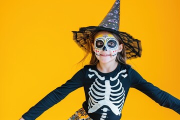 Cheerful young child in a skeleton costume with playful face painting, celebrating Halloween against a vibrant yellow background.