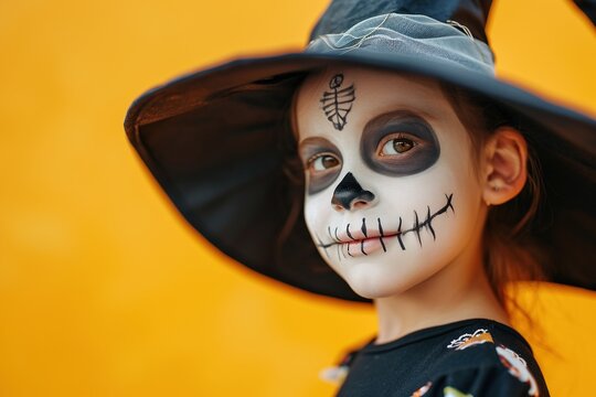 Cheerful young child in a skeleton costume with playful face painting, celebrating Halloween against a vibrant yellow background.