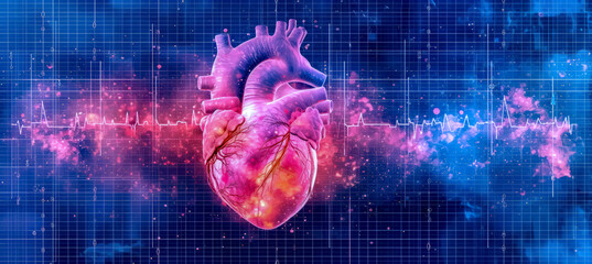Digital abstract depiction of a human heart with blue and pink highlights and a heart rate graph,AI generated
