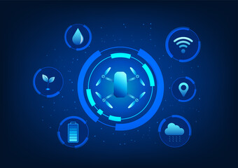 Smart farm technology where drone technology is used to control agricultural farm operations, sweeten seeds, water trucks, and care for crops. Drone in technology circle with agriculture icon.