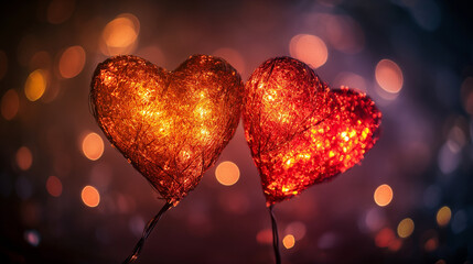 Two red hearts illuminated against a bokeh light background. Copy space. Valentine, wedding background.