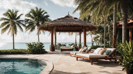 Poolside bliss in a tropical beach resort with swaying palm trees and soothing ocean sounds accompany a luxurious swimming experience.