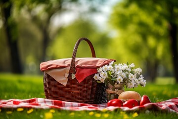 picnic basket with apples and flowers