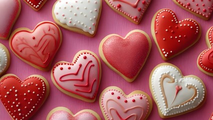 Fototapeta premium Heart shaped cookies icing for Valentine's day delicious homemade natural pastry, baking with love for Valentine's day, love concept 