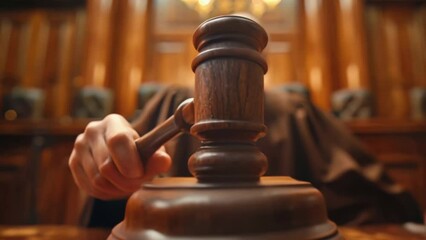 Dramatic Not Guilty Verdict. Court of Law and Justice Trial Session. Impartial Honorable Judge Pronouncing Sentence, striking Gavel close up. Mallet, Hammer closeup. Law concept. Guilty people.