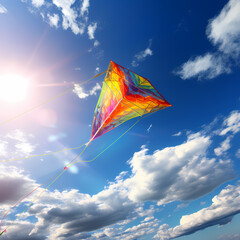 A colorful kite flying high in a blue sky. 