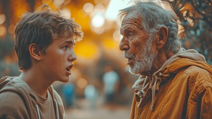 Naklejka premium Anger-filled man pushes menacing man outside, using force and aggression to solve issue