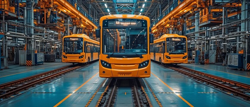 auto manufacturing facility. Buses in the assembly line
