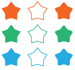 Set of vector starburst, sunburst badges. Nine different color. Simple flat style Vintage labels. Design elements. Colored stickers. A collection of different types and colors icon. eps 10
