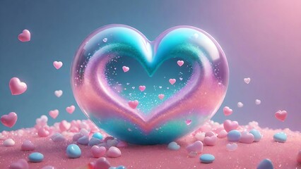 Obraz premium Pink egg surrounded by vibrant bubbles, floating in a transparent glass sphere filled with shimmering pink and blue liquid, reflecting light and creating a captivating 3D illustration