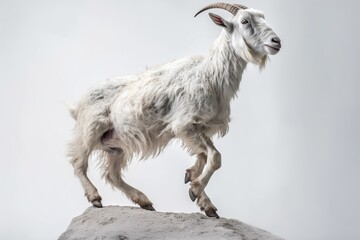 Portrait of a white goat standing on a rock against a white background
