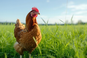Free-Range Chicken Grazing on Green Grass in Sunshine