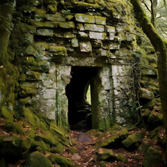 Fototapeta na wymiar A mysterious doorway in an ancient stone wall.