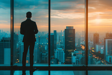 Urban Sunset Silhouette: A businesswoman gazes at the cityscape from an office window, surrounded by skyscrapers, capturing the essence of urban life and the beauty of sunset