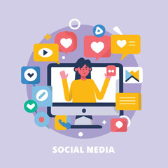 2d vector illustration colorful social media boost , influence blogger E-marketer via Internet pages marketing referral