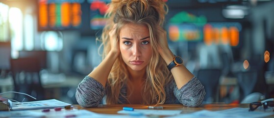 Fototapeta premium Holding her head, a dejected woman sits at her office desk, gazing at charts with business indicators.