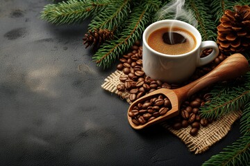 Obraz na płótnie Canvas Hot Coffee Cup and Roasted Beans with Pine Decor