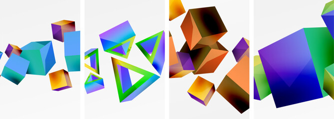 Flying 3d shapes, cubes and other geometric elements background design for wallpaper, business card, cover, poster, banner, brochure, header, website