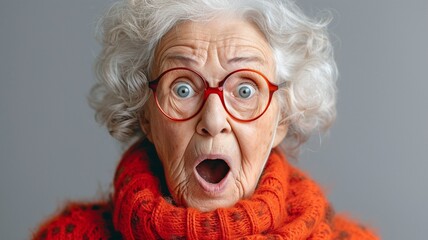 frightened senior woman in studio photo, gasping