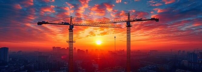 tower cranes and the building site where a city and structure are being constructed. At dusk, the tower crane calmly - Powered by Adobe
