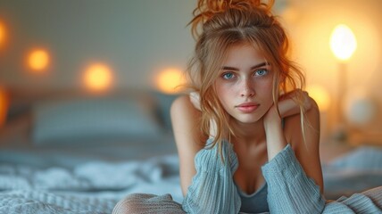 Woman sitting on the bed, close-up side view portrait, girl seeking advice on how to take care of herself - obrazy, fototapety, plakaty