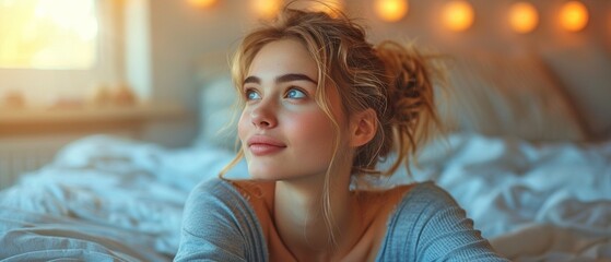 Woman sitting on the bed, close-up side view portrait, girl seeking advice on how to take care of herself - obrazy, fototapety, plakaty